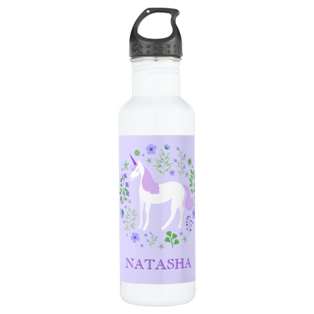 Bouteille D'eau Joli Unicorne Floral Purple Personnalisé (Devant)