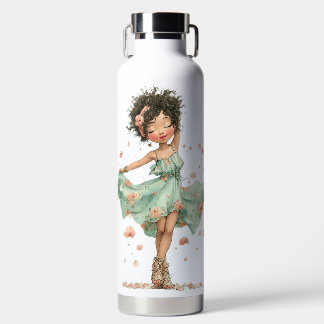 BOUTEILLE D'EAU JOLIE FILLE HABILLÉE EN ROBE VERTE D'ÉTÉ & FLEURS