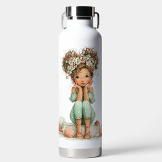 BOUTEILLE D'EAU JOLIE FILLE HABILLÉE EN ROBE VERTE D'ÉTÉ & FLEURS