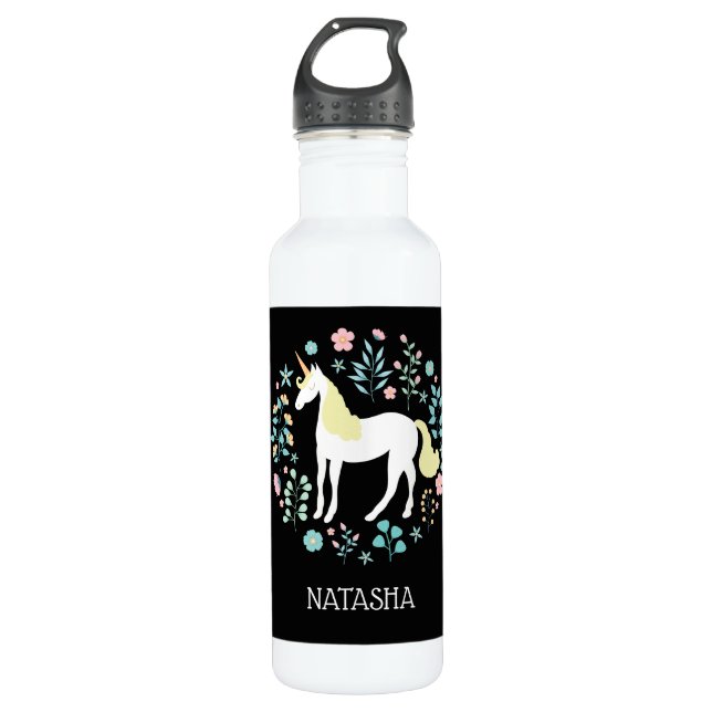 Bouteille D'eau Jolie licorne & Fleurs Noir Personnalisé (Devant)