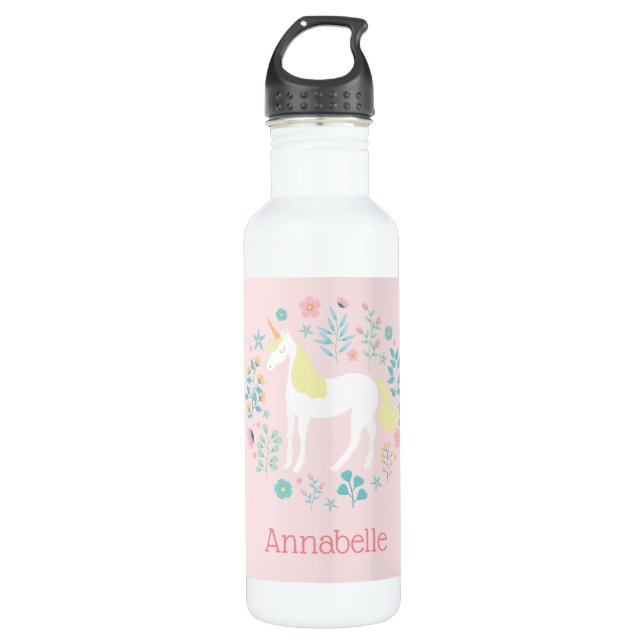 Bouteille D'eau Jolie licorne & Fleurs rose pâle Personnalisé (Devant)