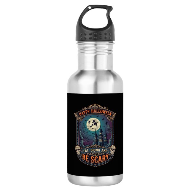 Bouteille D'eau Joyeux Halloween Sorcière Château Crânes Gras Boir (Devant)