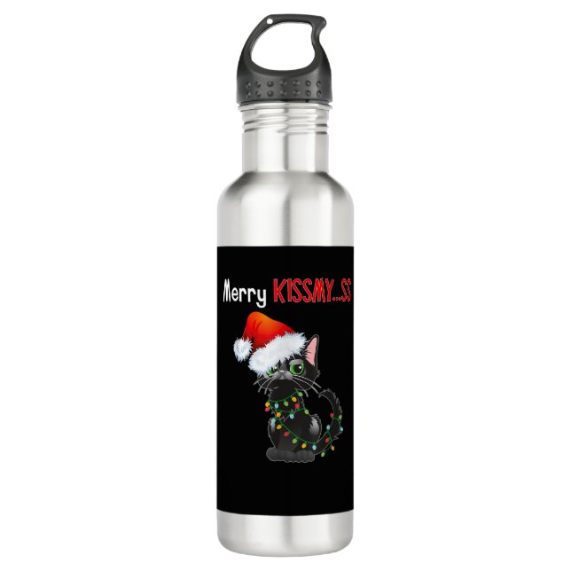 Bouteille D'eau Joyeux Kissmy..ss Chat noir Lumières de Noël Chat  (Devant)