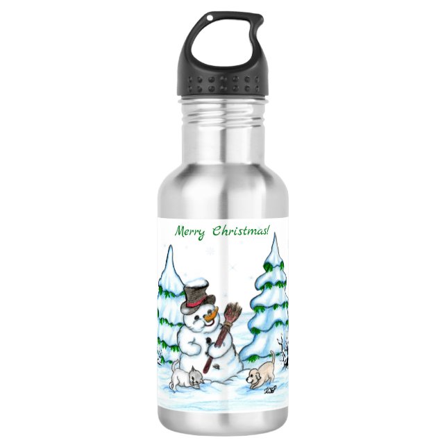 Bouteille D'eau Joyeux Noël ! Snowman avec chat et chiot (Devant)