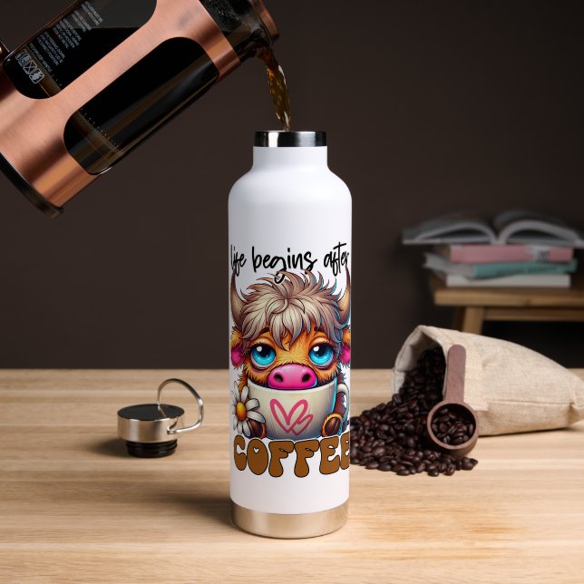 Bouteille D'eau La vie commence après le café  (Café (pivotée))