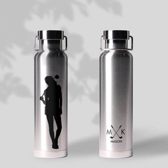 Bouteille D'eau Lady Silver avec noir | Monogramme de Golfer moder (Créateur téléchargé)