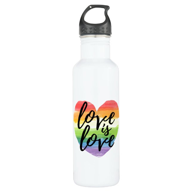 Bouteille D'eau L'amour est l'amour| Coeur d'aquarelle arc-en-ciel (Devant)