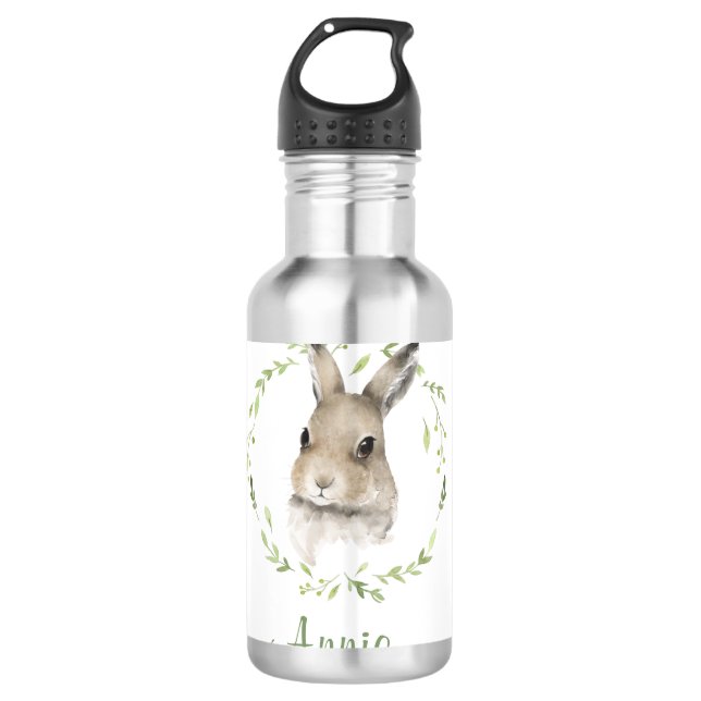 Bouteille D'eau Lapin Lapin Aquarelle Verdure Nom Boire (Devant)