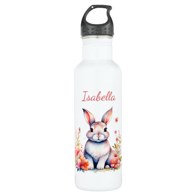 Bouteille D'eau Lapin lapin personnalisé en Fleurs roses (Devant)