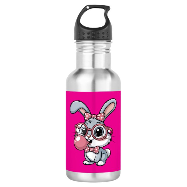Bouteille D'eau Lapin mignon avec des lunettes soufflant du chewin (Devant)