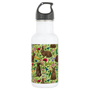 Bouteille D'eau Lapins et fleurs sauvages sur le vert miel