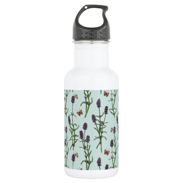 Bouteille D'eau Lavande et papillons sur verre de mer (Devant)