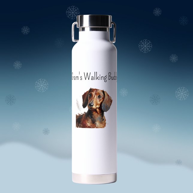 Bouteille D'eau Le petit bouchon de marche de mignonne Dachshund'  (Front of design)