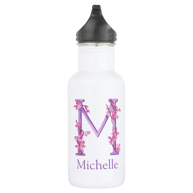 Bouteille D'eau Lettre monogramme M nom orchidée rose violet (Droite)