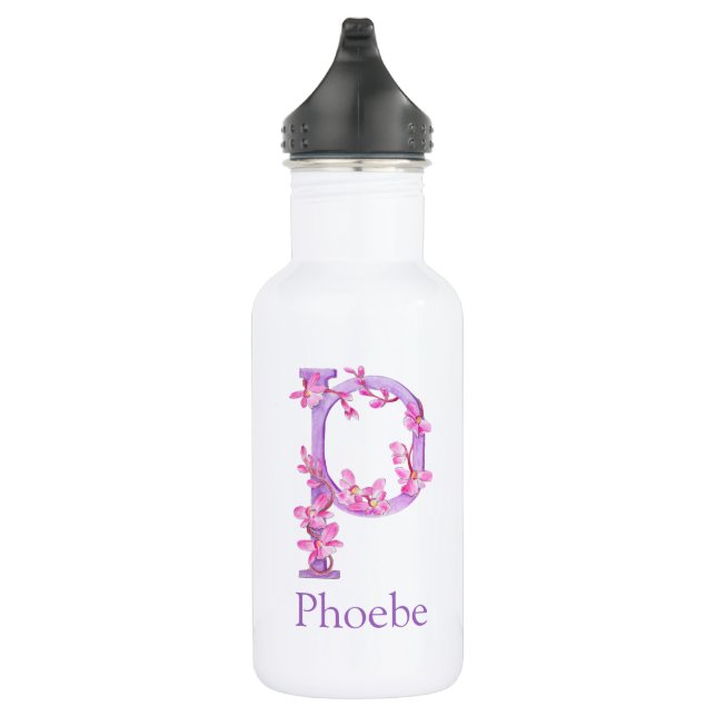 Bouteille D'eau Lettre monogrammée P nom orchidée rose violet (Droite)