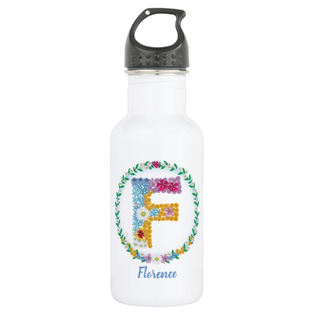 Bouteille D'eau Lettres de fleurs Initiale "F" avec nom personnali (Devant)