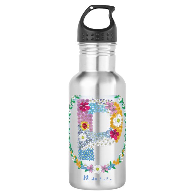 Bouteille D'eau Lettres de fleurs Initiale "P" avec nom personnali (Devant)