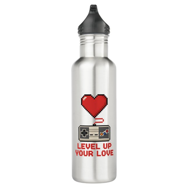 Bouteille D'eau Level Up Your Love, Retro Pixel Gaming Design (Droite)