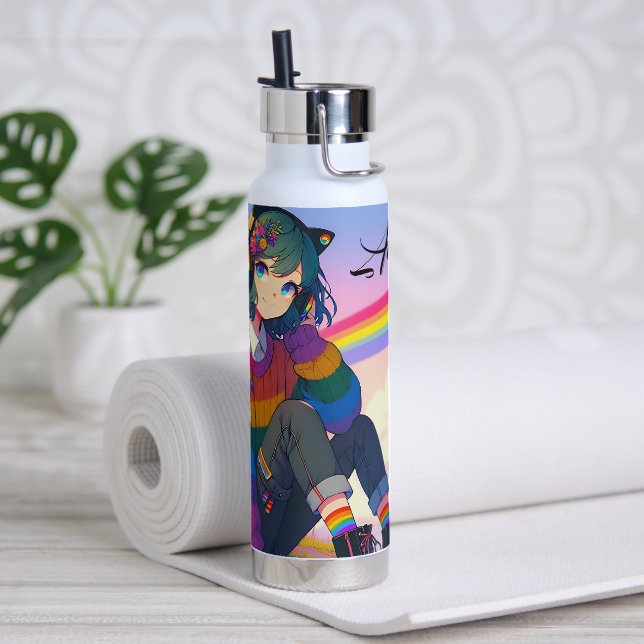 Bouteille D'eau LGBTQIA+ Anime Girl Lesbian Pride Personnalisée (Yoga)