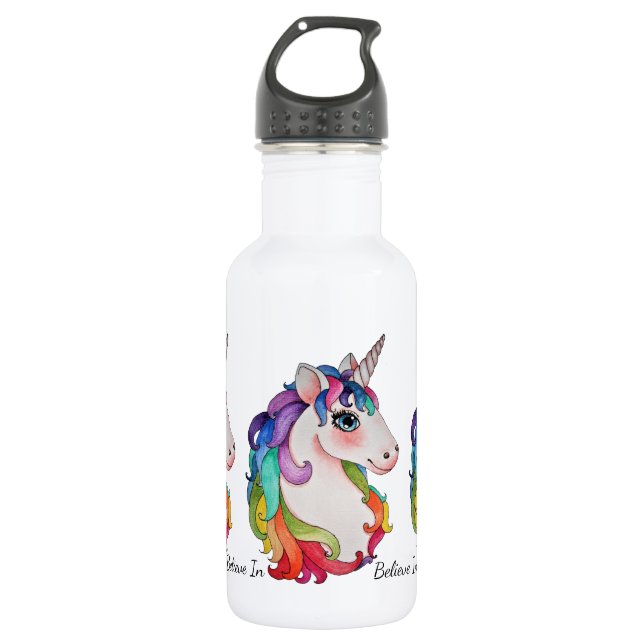 Bouteille D'eau Licorne d'aquarelle avec des cheveux d'arc-en-ciel (Devant)