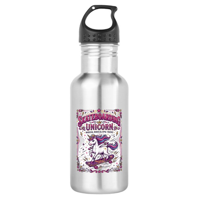 Bouteille D'eau Licorne Skateboarding Licorne Stylée Fond Blanc (Devant)