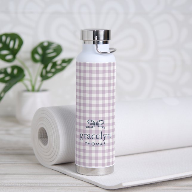 Bouteille D'eau Lila Violet Gingham Ruban Monogramme (Yoga (pivoté))