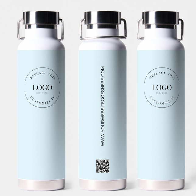 Bouteille D'eau Logo de l'entreprise Code QR personnalisé site Web (Light blue custom business logo and website water bottle merchandise)