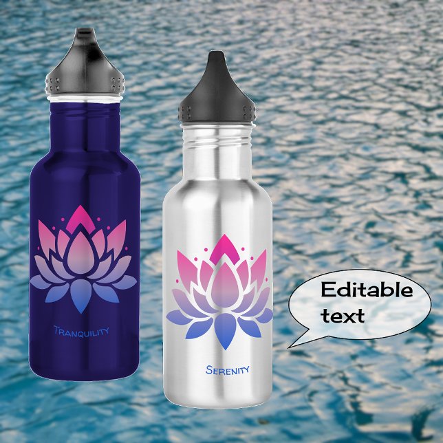 Bouteille D'eau Lotus fleur bleu rose texte personnalisé (Showing blue and silver 18oz bottle options)