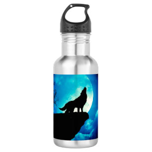 Bouteille D'eau Loup en silhouette hurlant à la pleine lune