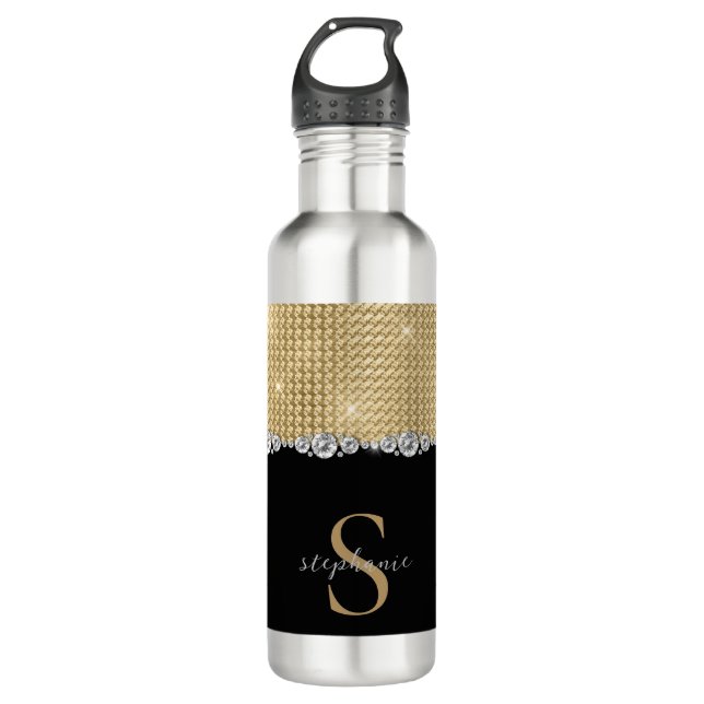 Bouteille D'eau Luxury Diamonds Gold Black Monogram (Devant)