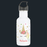 Bouteille D'eau Magical Girly Unicorn & Stars Personnalisé<br><div class="desc">Ajoutez une touche de magie à la vie de vos petites filles avec cette belle bouteille d'eau de licorne. Avec un arrière - plan d'étoiles colorées,  une licorne magique avec parties scintillant or et fleurs roses et le nom de votre enfant.</div>