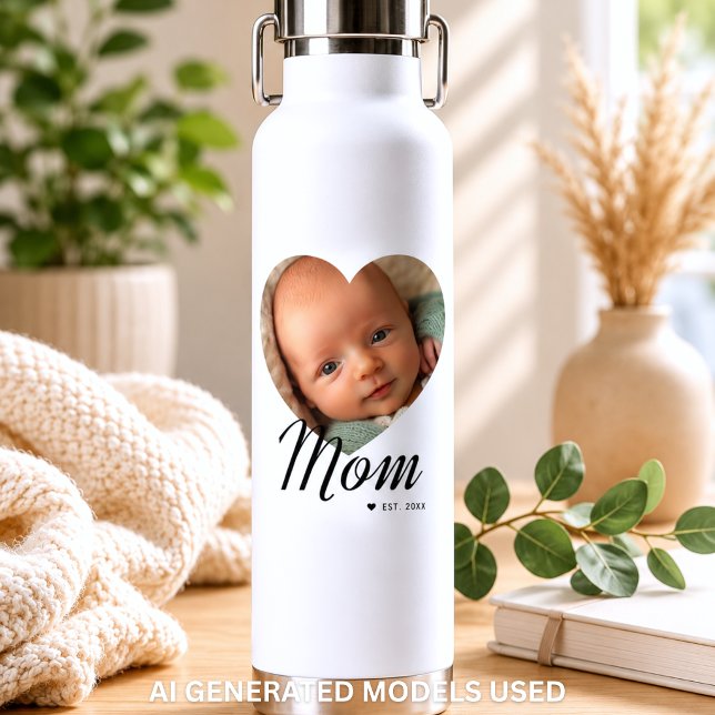 Bouteille D'eau Maman a établi un script cœur photo blanc isolé (Mom Established Script Heart Photo White Insulated Water Bottle)