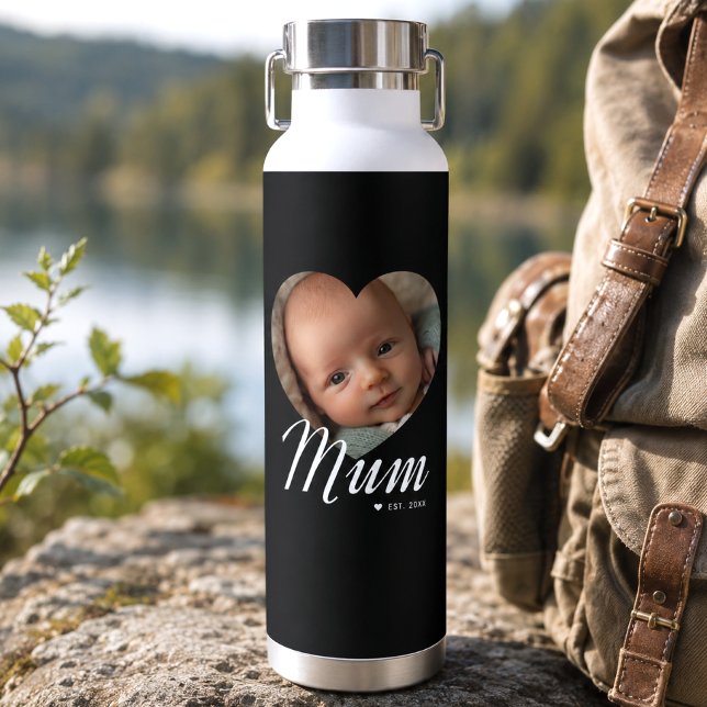 Bouteille D'eau Maman a établi un script cœur photo isolé noir (Créateur téléchargé)