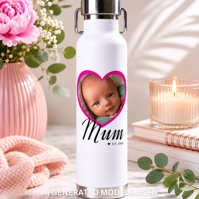 Bouteille D'eau Maman a établi un script cœur rose photo blanc (Mum Established Script Pink Heart Photo White Water Bottle)