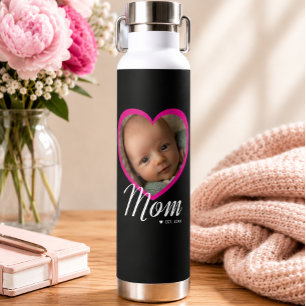 Bouteille D'eau Maman a établi un script cœur rose photo noir
