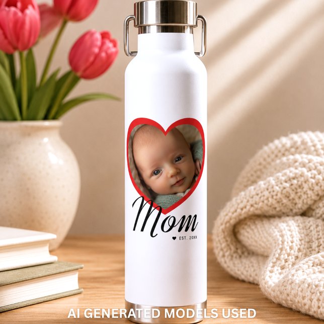 Bouteille D'eau Maman a établi un script cœur rouge photo blanc (Mom Established Script Red Heart Photo White Water Bottle)