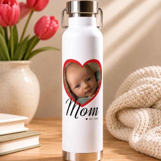 Bouteille D'eau Maman a établi un script cœur rouge photo blanc (Mom Established Script Red Heart Photo White Water Bottle)