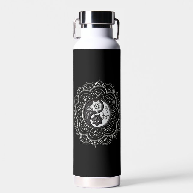 Bouteille d'eau Mandala argent et noir (Avant)