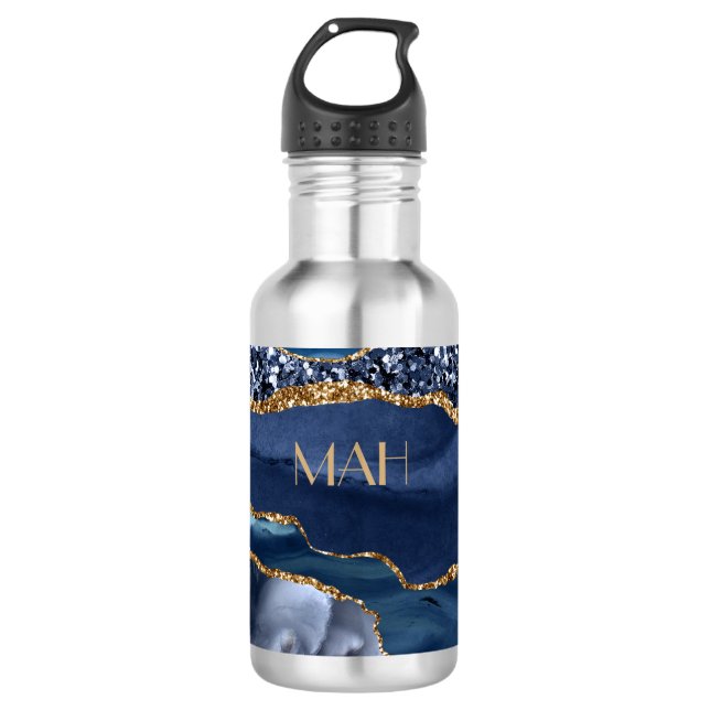 Bouteille D'eau Marbre d'agate bleu or pailleté Monogramme Tendanc (Devant)