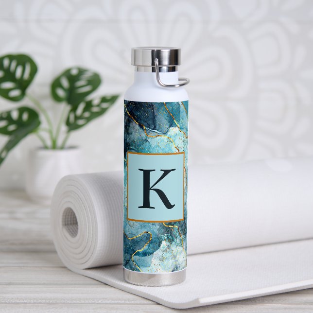 Bouteille D'eau Marbre pailleté bleu et or monogramme (Yoga)