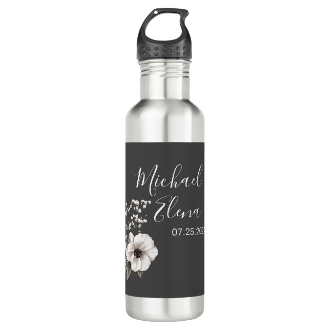 Bouteille D'eau Mariage floral gris foncé et blanc (Devant)