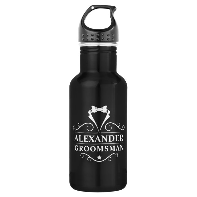 Bouteille D'eau Mariage Groomsman Tuxedo Cravate Noir (Devant)