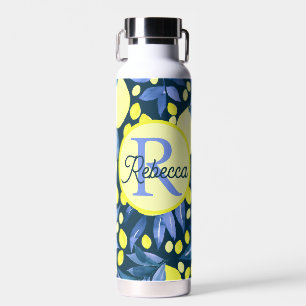 Bouteille D'eau Méditerranéen Monogramme Nom Chic Citrons Feuille