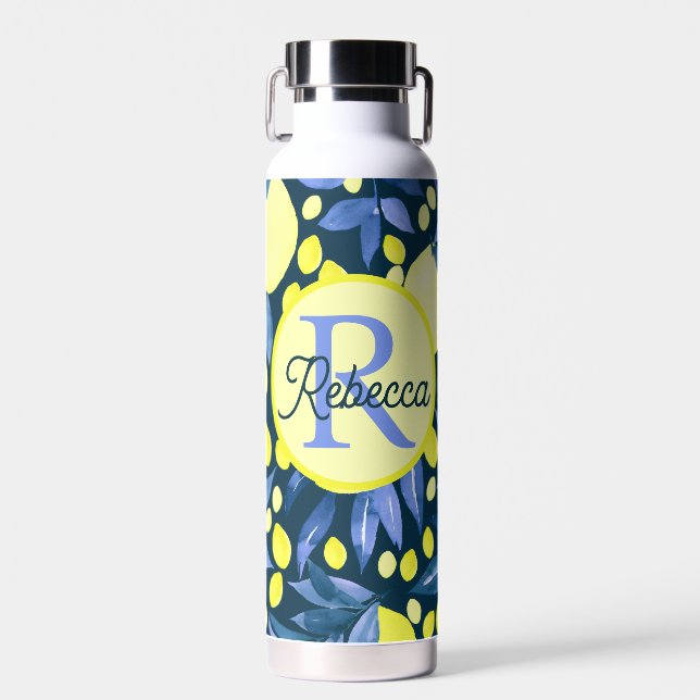 Bouteille D'eau Méditerranéen Monogramme Nom Chic Citrons Feuille  (Avant)