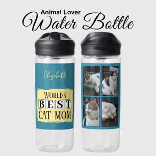 Bouteille D'eau Meilleur chat maman 4 photo nom bleu jaune