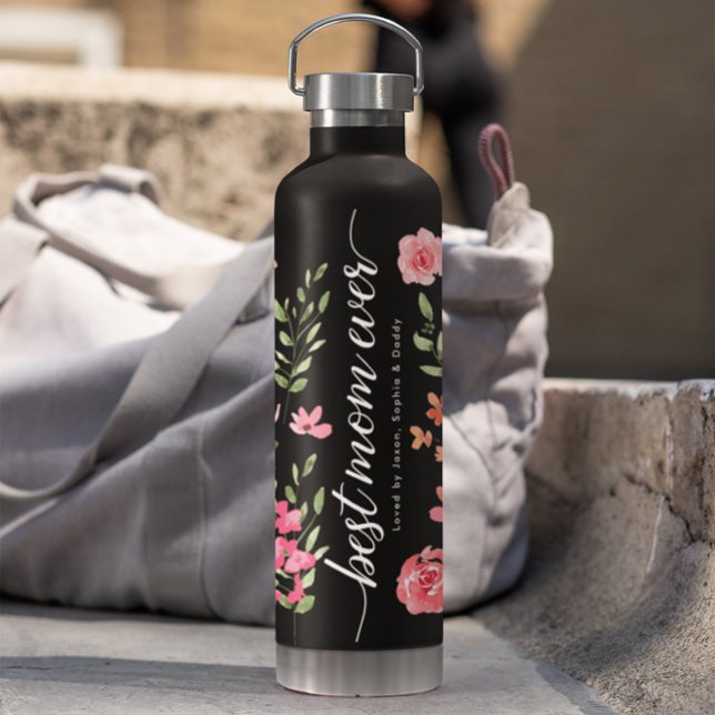 Bouteille D'eau Meilleure maman Ever Boucles d'aquarelle personnal (Elegant, modern, trendy "Best Mom Ever" watercolor floral personalized water bottle.)