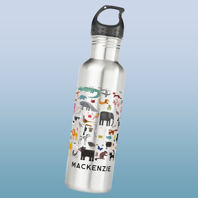 Bouteille D'eau Menagerie animale personnalisée (Fun animal menagerie with wild, safari, zoo, pet animals and birds pattern personalized water bottle)