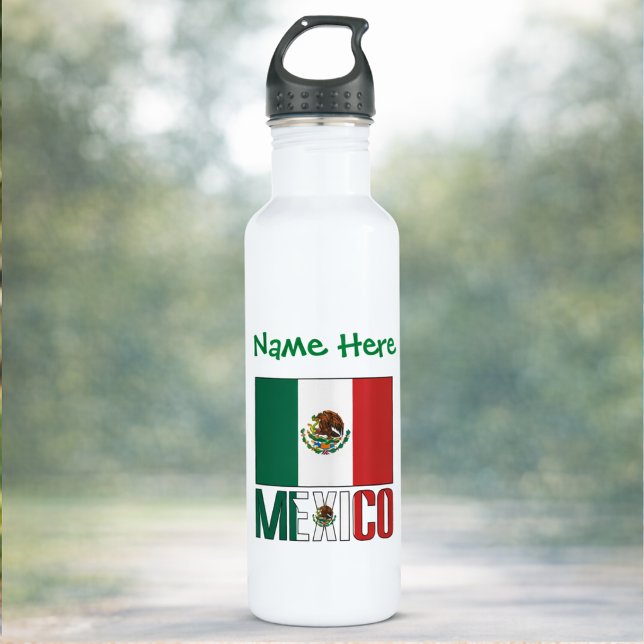 Bouteille D'eau Mexique Mexique Drapeau Vert Personnalisation (Personalized water bottle has Mexican Flag and MEXICO. Add a name in green text above the flag.)
