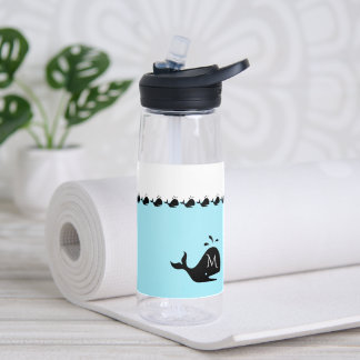 Bouteille D'eau Mignon Baleine Noire Personnalisée Blanc et Bleu