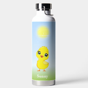 Bouteille D'eau Mignon poussin jaune et fleurs sur fond bleu clair
